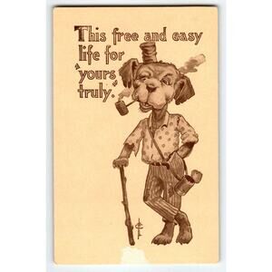 Free and Easy Life Postcard Dressed Hobo Dog Smokes Pipe Fantasy Anthropomorphic